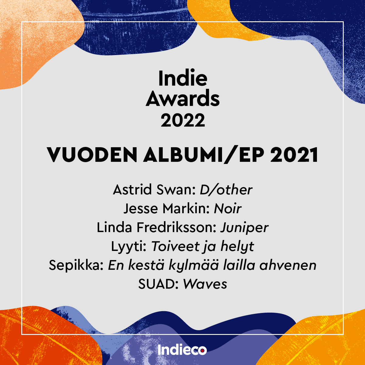 INDIE AWARDS 2022 -EHDOKKAAT ON JULKISTETTU | ..Indieco.fi..